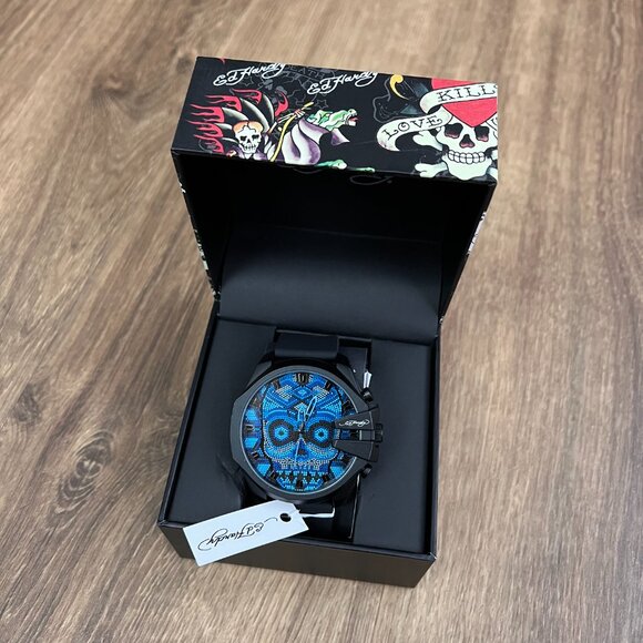 NEW Ed Hardy Blue Skull Mens Watch - Picture 2 of 11